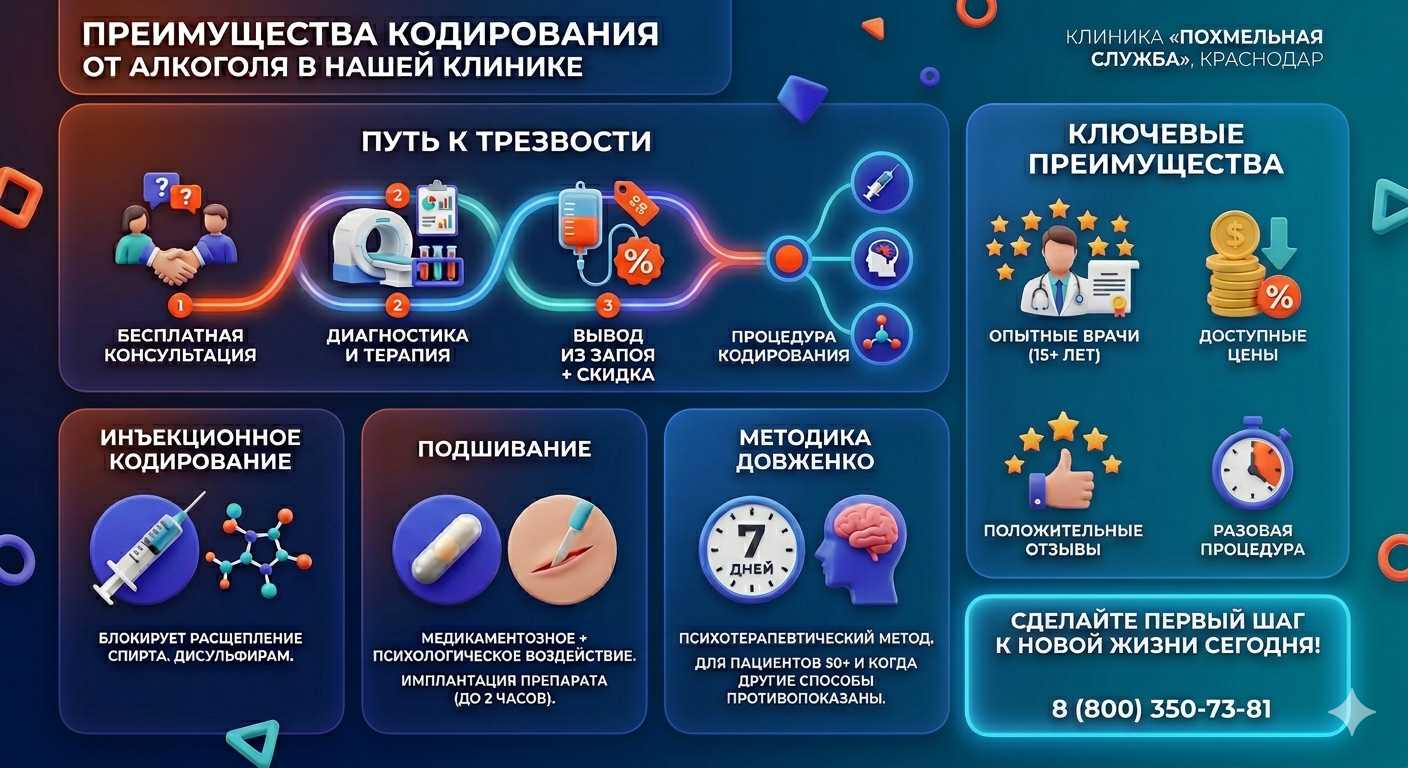 Инфографика о методах кодирования от алкоголя в Раевском: инъекции, подшивание, метод Довженко. Преимущества клиники и этапы лечения.
