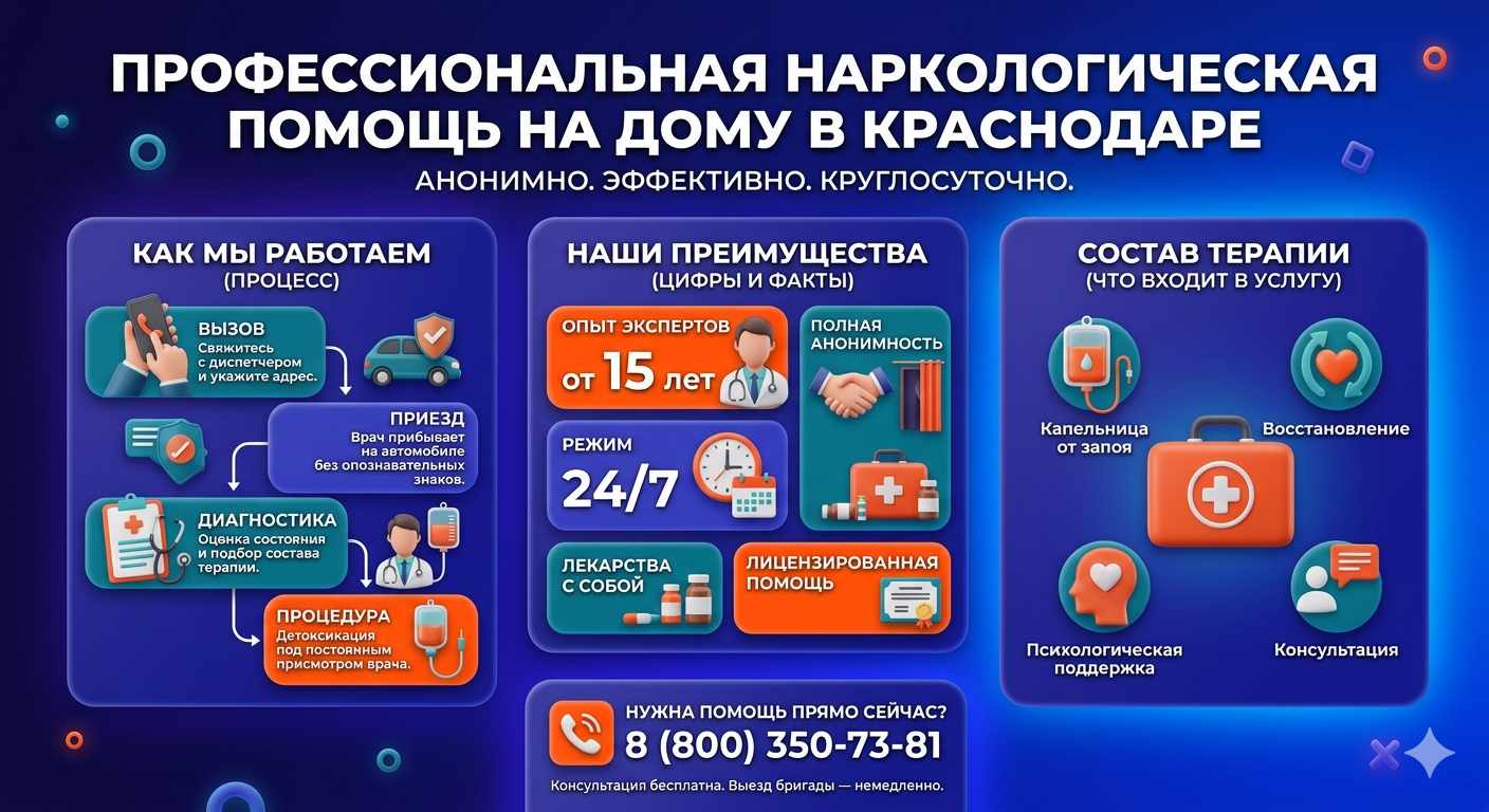 Инфографика о принципах лечения алкоголизма на дому в Раевском: этапы вызова нарколога, преимущества анонимной детоксикации и состав медицинской помощи.
